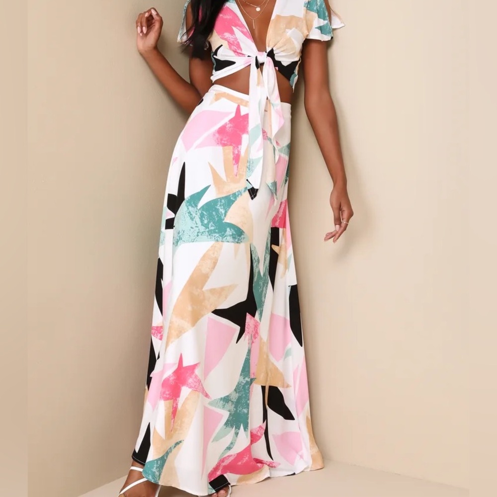 Lulu’s Daydreaming White Print Two-Piece Maxi Dress size XS